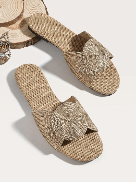 Women Round Decor Woven Design Slide Sandals,  Fashionable Outdoor Fabric Flat Sandals