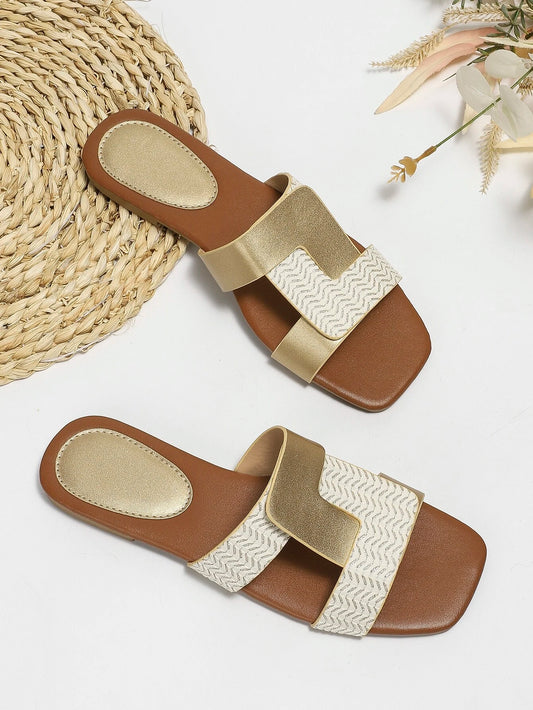 2024 New Fashion Women Flat Sandals, Simple Square Toe Casual Holiday Daily Colorblock Ladies Gold Slippers