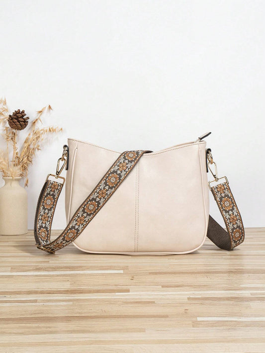 Retro Style Bucket Bag For Women, Strap Crossbody Bag, Vagan Leather Hobo Bag With Guitar Strap Wide Embroidered Purse Straps for Women - Perfect for Crossbody Bags, Gym Bags, Totes, and More!