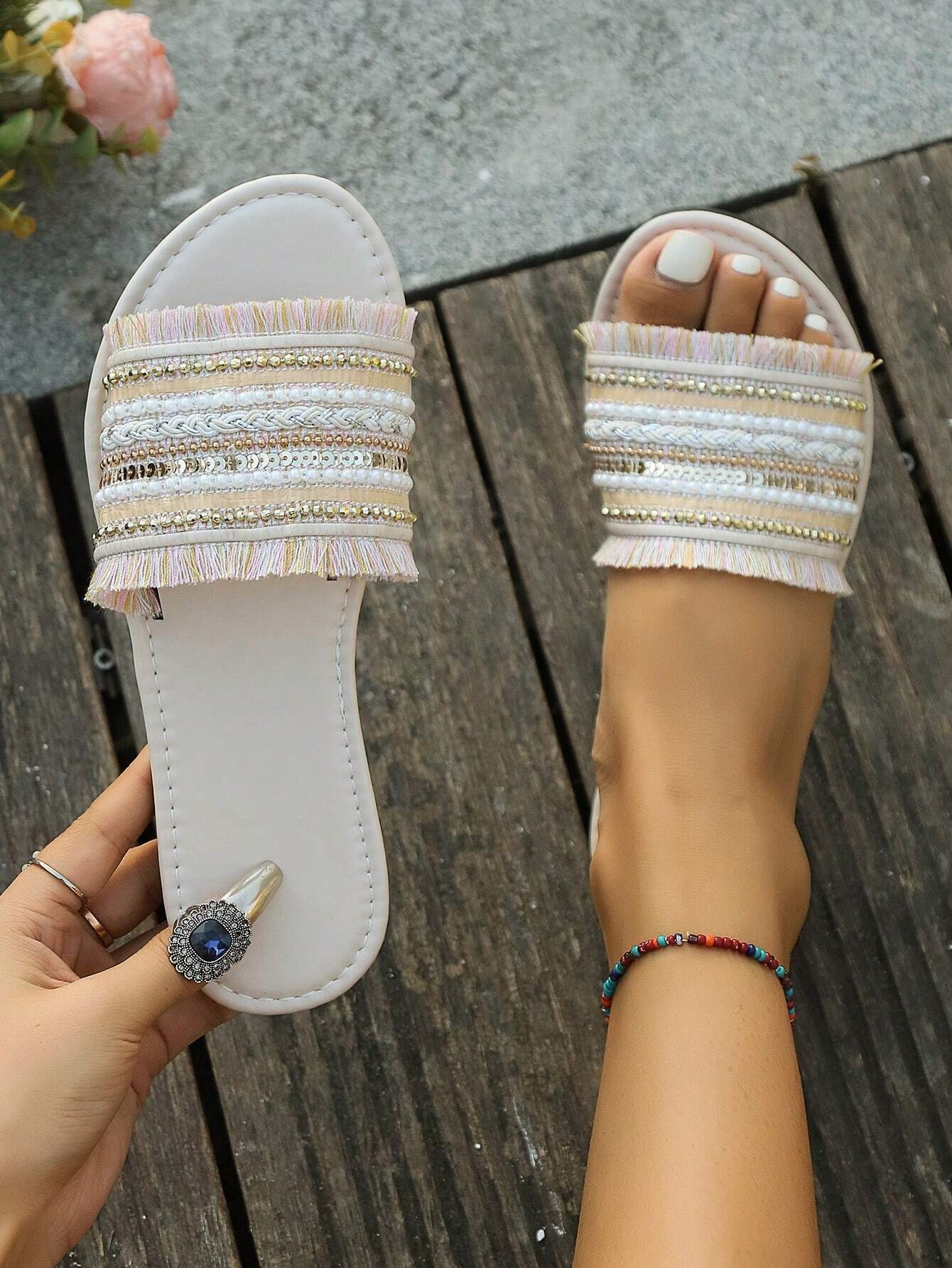 Women's Sequin & Tassel Decorated Flat Sandals, Fashion Casual Colorful Round Toe Flat Shoes