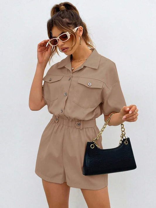 SHEIN EZwear Buttoned Front Pocket Patched Shirt Romper