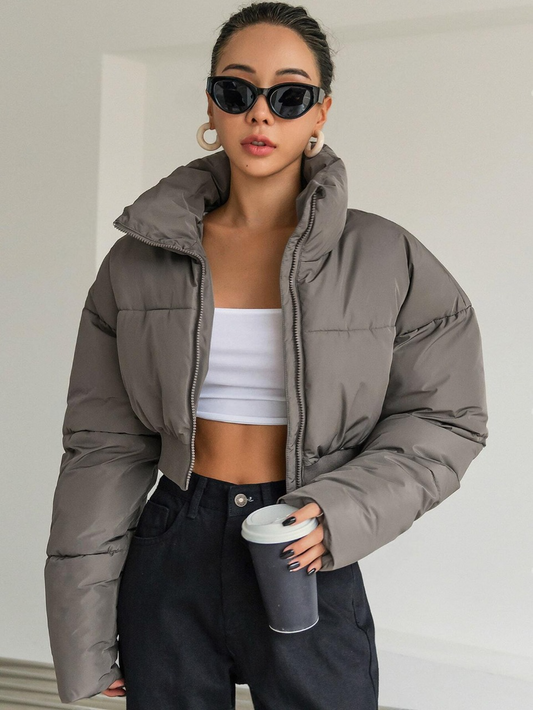 DAZY Drop Shoulder Zipper Crop Puffer Thick Pockets Coat