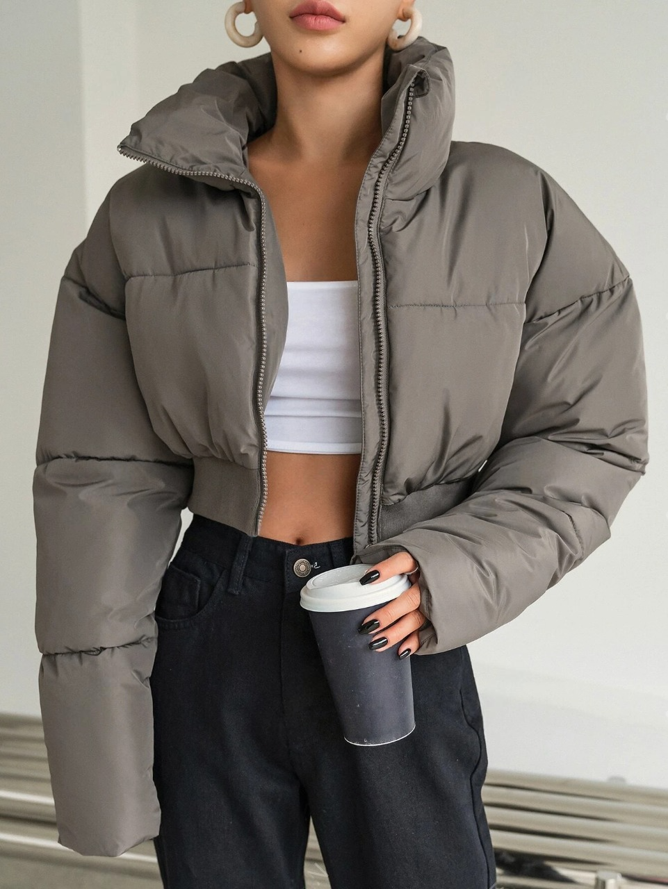 DAZY Drop Shoulder Zipper Crop Puffer Thick Pockets Coat