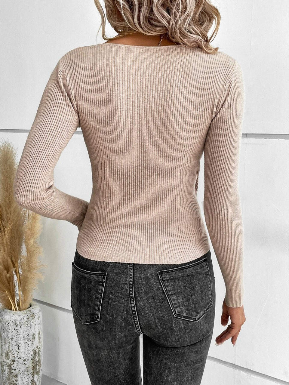 SHEIN Clasi Ribbed Knit Wrap Cross Sweater