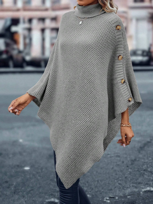 SHEIN Clasi Turtleneck Batwing Sleeve Button Detail Asymmetrical Hem Poncho Sweater