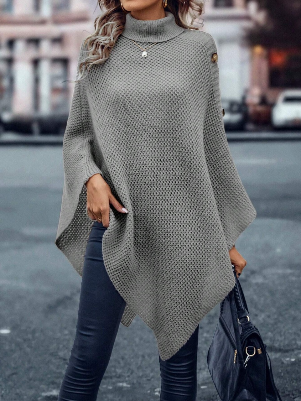 SHEIN Clasi Turtleneck Batwing Sleeve Button Detail Asymmetrical Hem Poncho Sweater