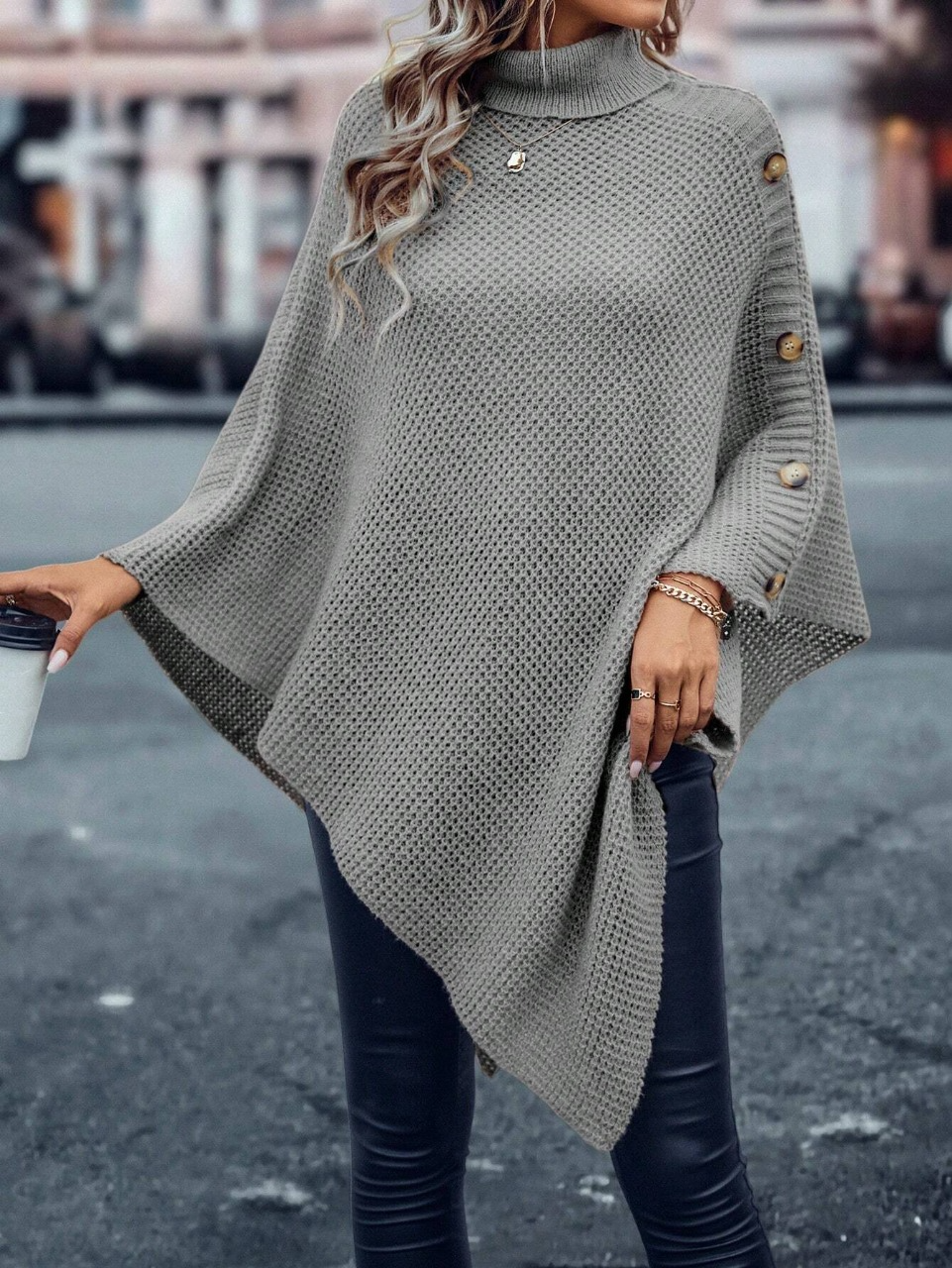 SHEIN Clasi Turtleneck Batwing Sleeve Button Detail Asymmetrical Hem Poncho Sweater