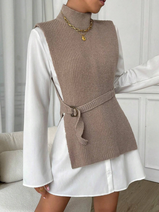 SHEIN Essnce 1pc Mock Neck Split Hem Belted Sweater Vest